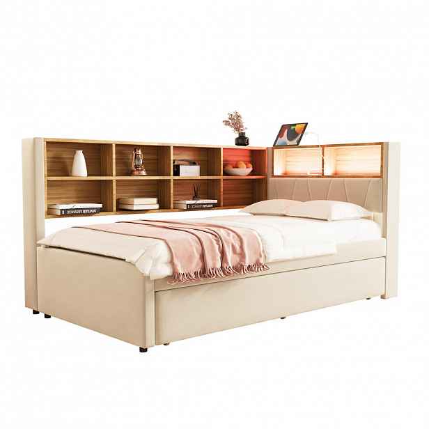 CHICFURN ROZKLÁDACÍ POHOVKA 90/200 cm & 90/190 cm v béžové barvě s výsuvným lůžkem, LED, USB a policemi
