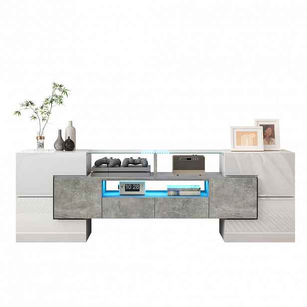 Modfu TV stolek z MDF 145x30x51 cm bílý a betonový s vícebarevným LED osvětlením a velkým úložným prostorem