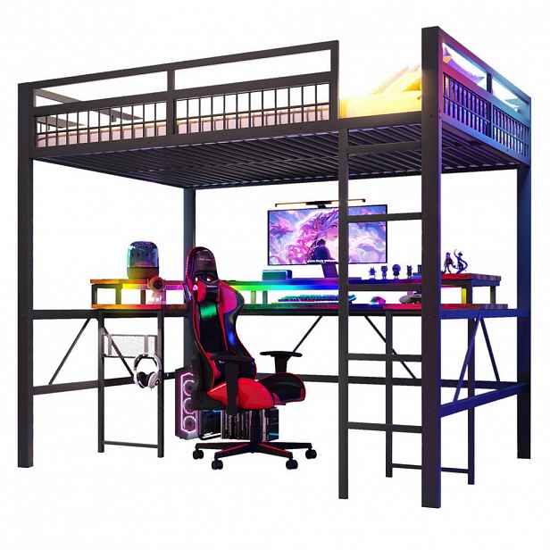 Redom VYSOKÁ postel 140/200 cm s LED osvětlením, psacím stolem, USB-C a zásuvkami, úložnou pegboard stěnou, Černá