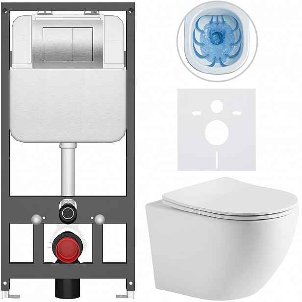 Kompletní WC set Basic/Cesso - bílá matná - WC tlačítko Maxio/Stříbrná - závěsné - předstěnová instalace - 49x36 cm - 8050BD86268
