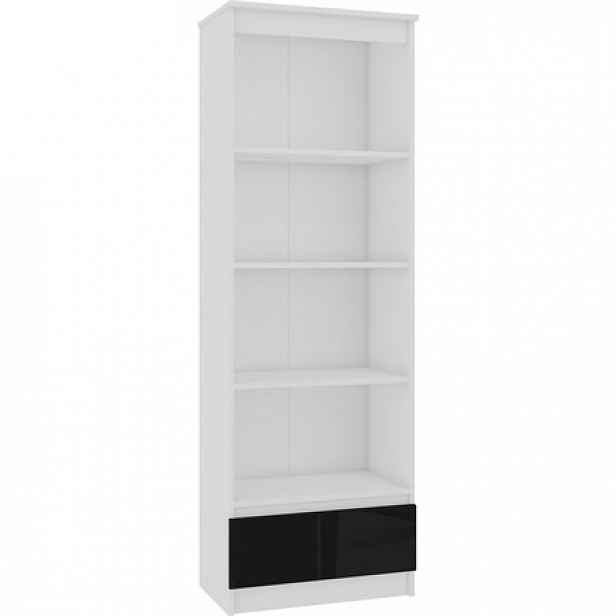 Knihovna/Regál R 60 cm CLP 1 zásuvka 4 poličky - bílá, černý lesk