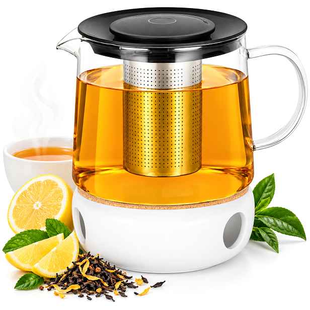 Konvice na čaj skleněná na bylinky ocelové sítko 1,5 l Ohřívač