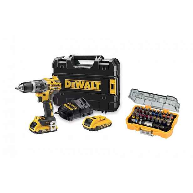 DeWALT - 18V AKU vrtací šroubovák s příklepem, s příslušenstvím, 2x aku 2,0 Ah Li-Ion, nabíječka DCD796D2A