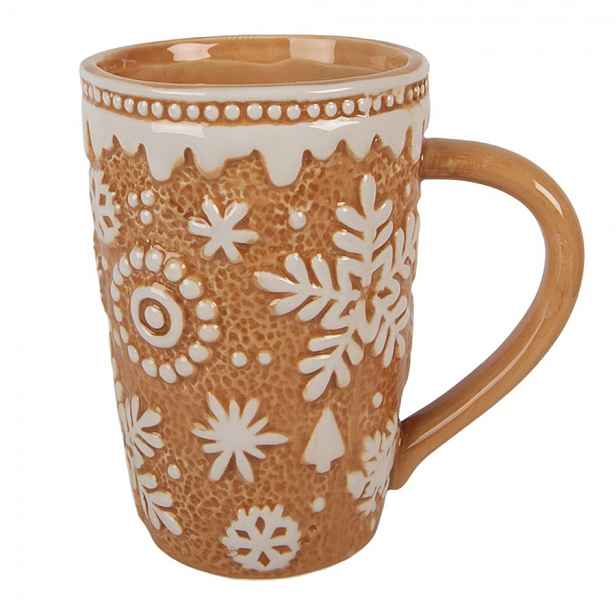 Hnědý vysoký hrnek s vločkami Snowflakes - 14*10*15 cm / 575 ml Clayre & Eef