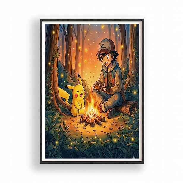 Obraz Pokémon Ash Pikachu Ohniště Plakát Rámeček Dřevěný Černý 30x42 cm
