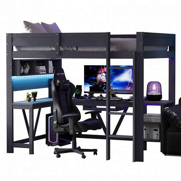CHICFURN VYVÝŠENÁ POSTEL 90/200 cm v šedé barvě s psacím stolem, LED a USB
