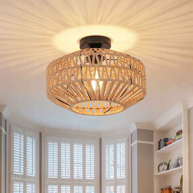 Stropní lampa E27 lustr závěsná černá+ratan retro loft do obývacího pokoje