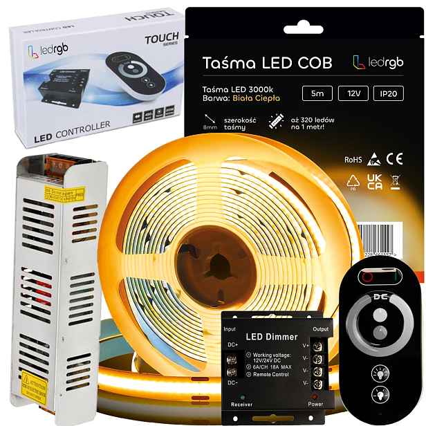 Sada Led pásků Cob 12V 5 m 3000K Bílá Teplá Napájecí Zdroj Dálkový Ovladač Rádiové Ovládání