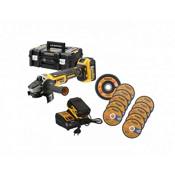 DeWALT - 18V AKU úhlová bruska 125 mm, s příslušenstvím, 2x aku 5,0 Ah Li-Ion, nabíječka DCG405P2A