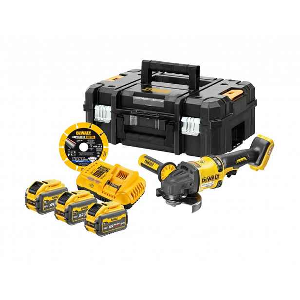 DeWALT - 54V AKU úhlová bruska 125 mm, s příslušenstvím, 3x aku 9,0 Ah Li-Ion, nabíječka DCG418NTA