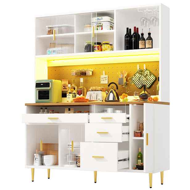 Modenvie BUFFET skříň z MDF a skla, 145/39/171 cm bílá, s LED osvětlením