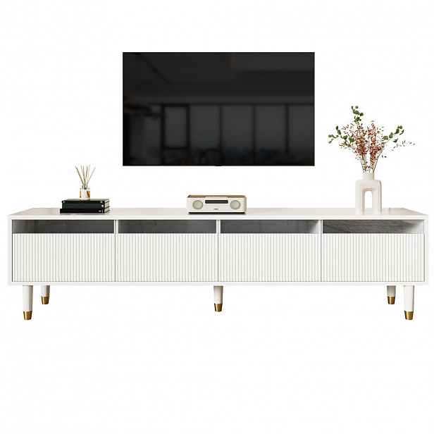 Modfu TV stolek z MDF 178x35x45 cm bílý se 4 zásuvkami a kabelovými průchodkami v minimalistickém designu