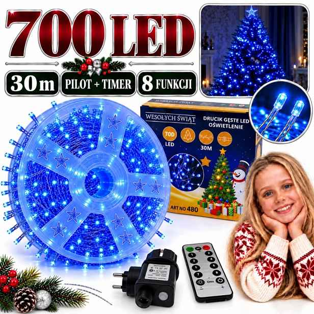 Vánoční Osvětlení Na Stromeček 700 Led 30 M Modré Na Drátku Pilot Časovač 8 Funkcí