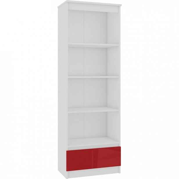Knihovna/Regál R 60 cm CLP 1 zásuvka 4 poličky - bílá, červený lesk