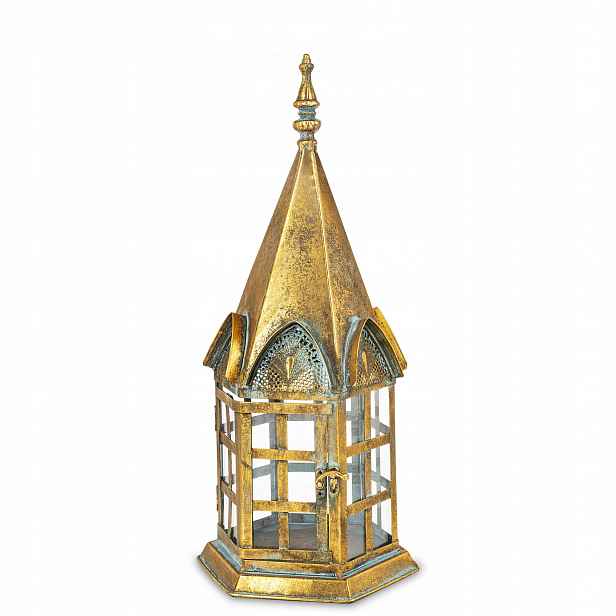 Zlatý kovový lampion lucerna zlatá sklo dekorace retro s patinou