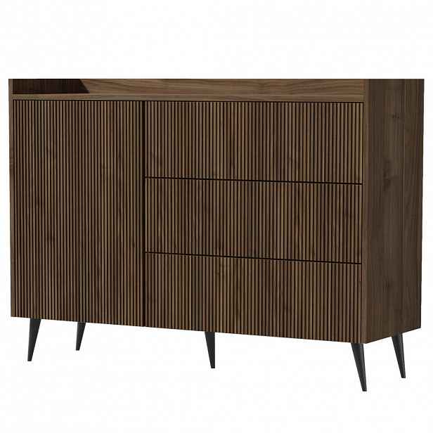 Beautysofa KOMODA Amfali s 1 dveřmi a 3 zásuvkami, systém Push-to-open, kovové nohy, 126 cm, ořechová barva