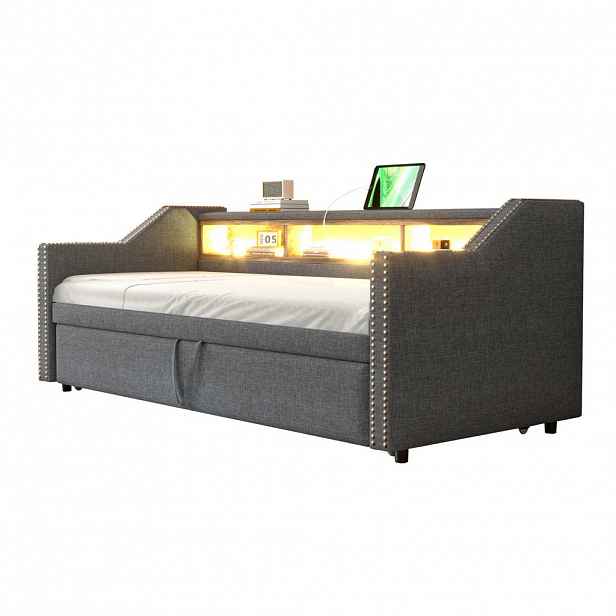 Redom ČALOUNĚNÁ postel 90/180 x 190 cm s výsuvným lůžkem, LED osvětlením, USB portem a úložnými přihrádkami, Tmavě šedá