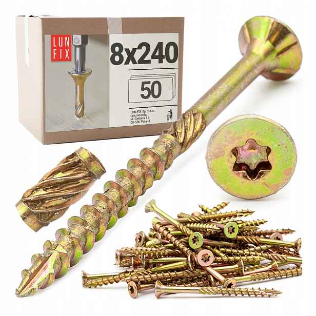 Tesařské vruty 8x240 do dřeva Torx kuželové Kmwht 50 Ks.