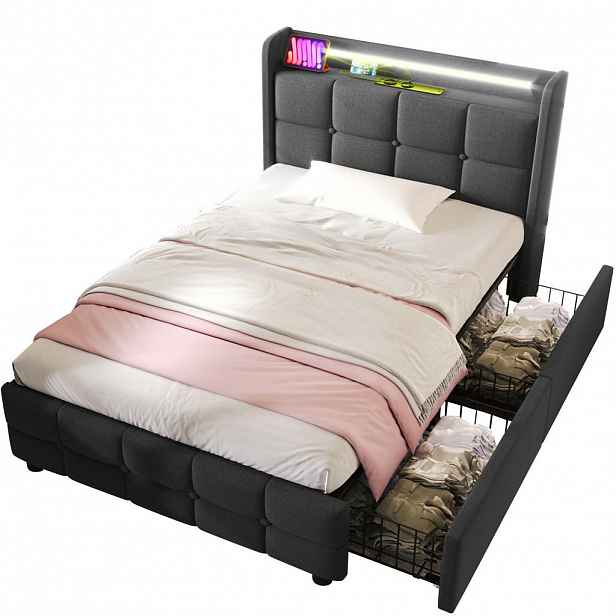 Redom ČALOUNĚNÁ postel 90/200 cm s USB porty, LED osvětlením a 2 zásuvkami, Šedá