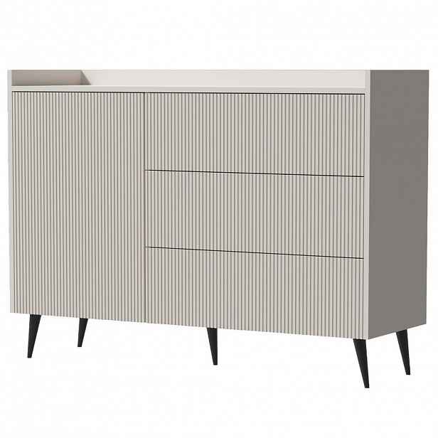 Beautysofa KOMODA Amfali s 1 dveřmi a 3 zásuvkami, systém Push-to-open, kovové nohy, 126 cm, kašmír