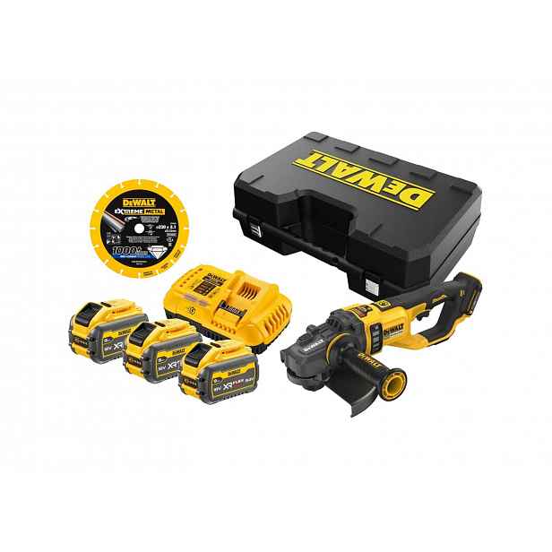 DeWALT - 54V AKU úhlová bruska 230 mm, s příslušenstvím, 3x aku 9,0 Ah Li-Ion, nabíječka DCG460NKA