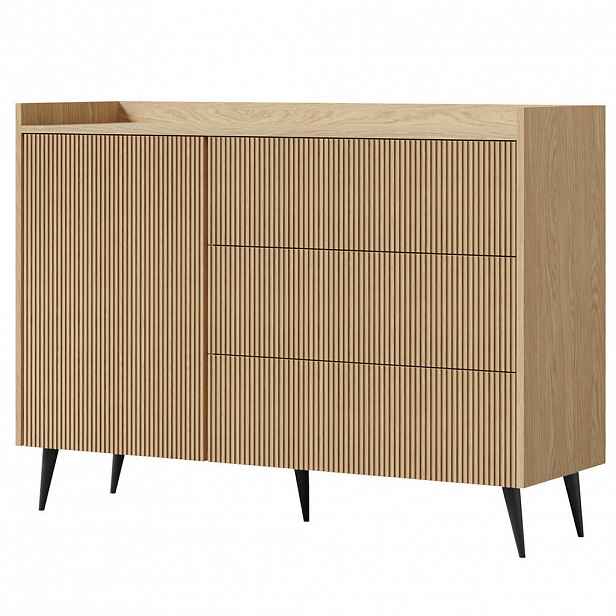 Beautysofa KOMODA Amfali s 1 dveřmi a 3 zásuvkami, systém Push-to-open, kovové nohy, 126 cm, jarní dub