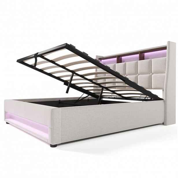 Redom ČALOUNĚNÁ postel 160/200 cm s LED osvětlením, USB portem a úložným prostorem, Světle béžová