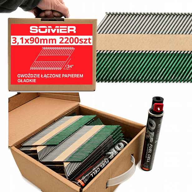 Sada hřebíků 3,1 x 90 mm spojených papírem a 2 gázy Ok, hřebíky hladké