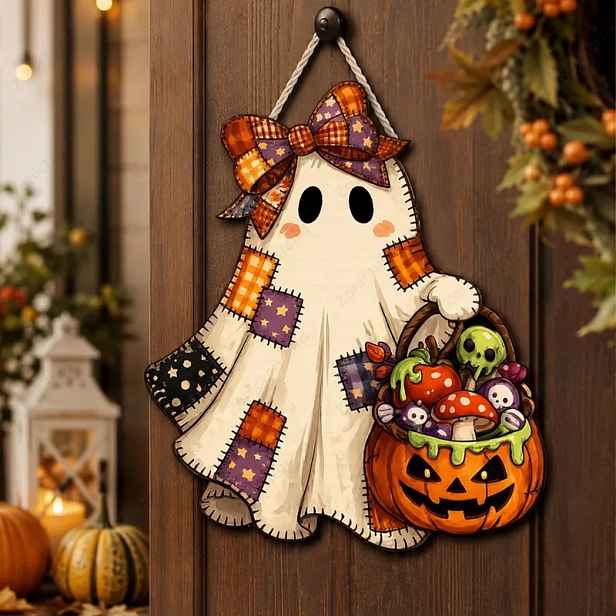 TEMU 2D Plochý, 2D Patchwork Dřevěný Závěs na Dveře, Rustikální Halloweenská Podzimní Cedule na Dveře, Roztomilá Strašidelná Dýňová Dekorace,