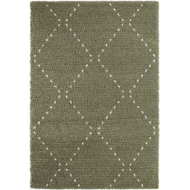 Zeleno krémový koberec do obývacího pokoje, silný koberec typu shaggy, boho vzor 80 x 150 cm