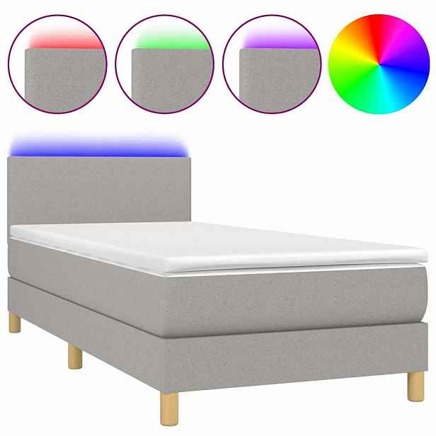 vidaXL Box spring postel s matrací a LED světle šedá 90x190 cm textil