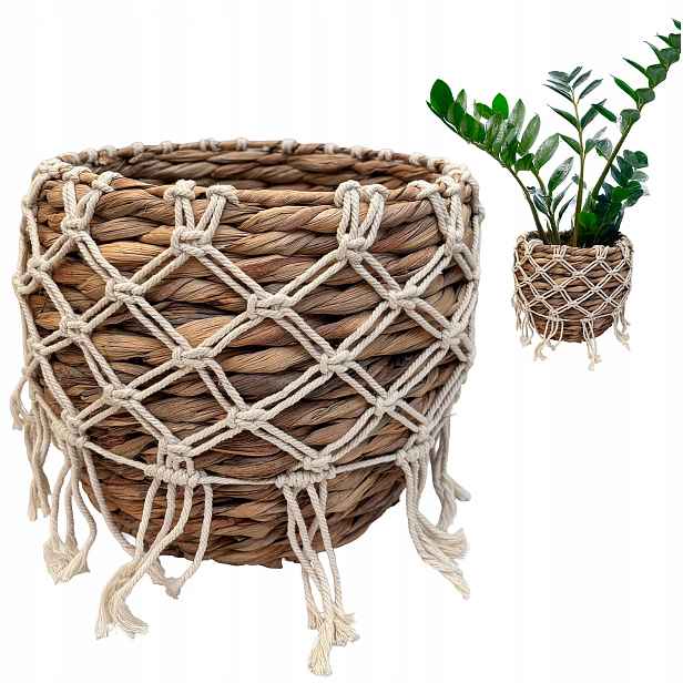 Květináč Boho 28 cm přírodní s makramé obalem, květináč do obývacího pokoje a palmy