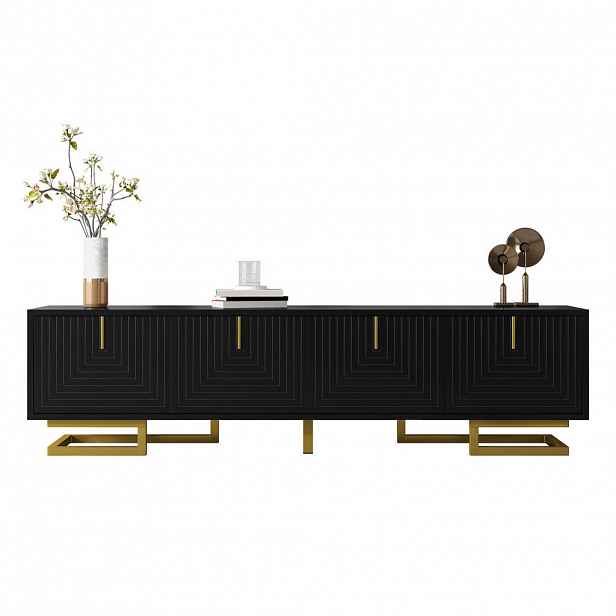 Modfu TV skříňka z dřevotřísky 160x38x44,5 cm černá se 4 dvířky, nastavitelnými nohami a tlumeným zavíráním