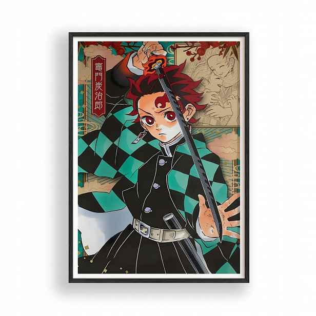Obraz Demon Slayer Tanjiro Anime Plakát Rámeček Dřevěný Černý 30x42 cm