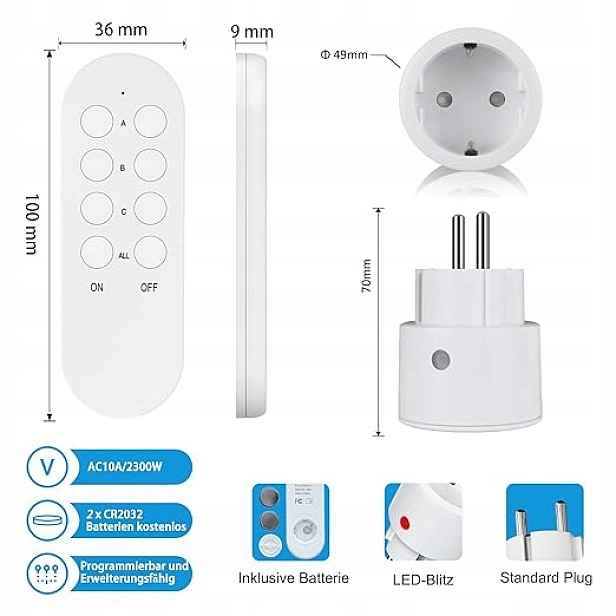 Rádiové zásuvky Surnice s dálkovým ovládáním, 2300 W, 3 zásuvky