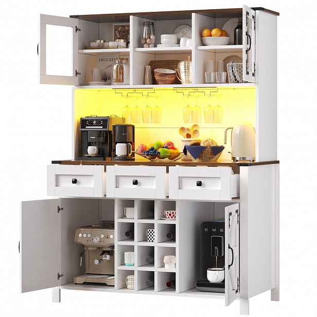 Redom VYSOKÁ kuchyňská skříň 120/40/170 cm s LED osvětlením, USB/AC zásuvkami a tichým dovíráním, MDF/sklo, Bílá