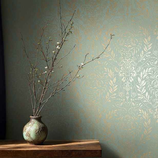 Zelená vinylová tapeta rostlinné ornamenty zlaté lesklé glamour tapety