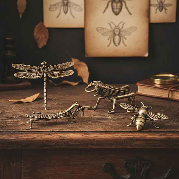 TEMU Sada 4 ks mosazných hmyzů, sada 4 ks, včela, kudlanka, a cvrček, dekorace na stůl do domova, kreativní , jedinečná dekorace pro Halloween, Den