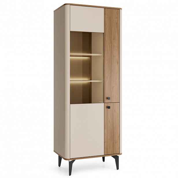 Beautysofa VITRÍNA Aurora, skleněná skříň s tvrzeným sklem, s LED osvětlením, ořech + kašmír