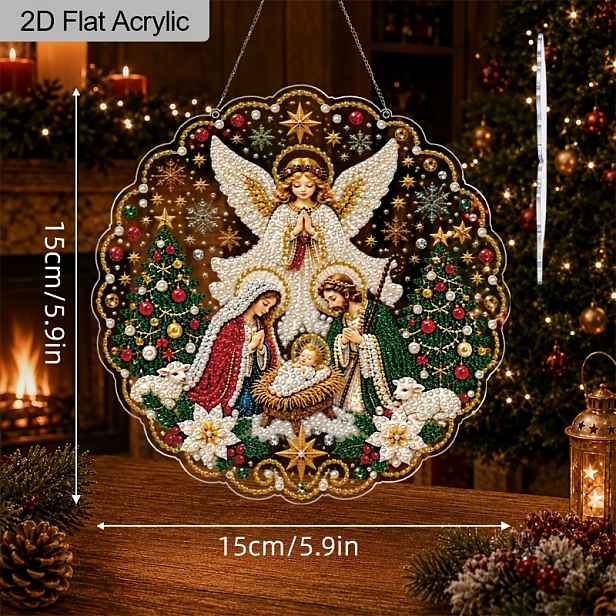 TEMU 2D plochá akrylová vánoční scéna, perleťová diamantová , závěsná ozdoba, vánoční svatá , anděl, krajkový okraj, závěsná dekorace, 5,9 palců a