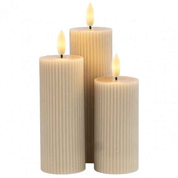 LED svíčky z pravého vosku dobíjecí Smilla, sada 3 ks, výška 10/12,5/15 cm, ø 7,5 cm, světle šedá, bez stanice