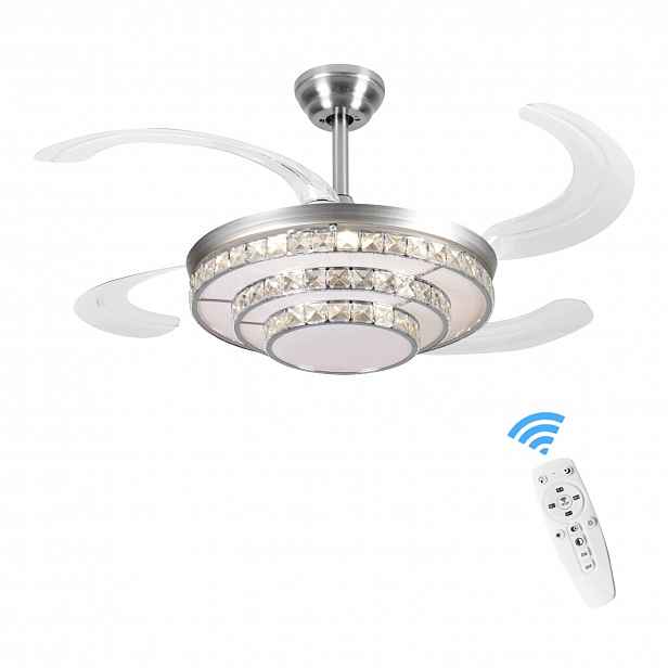 stropní svítidlo Led s ventilátorem – stříbrná s křišťálovými ozdobami