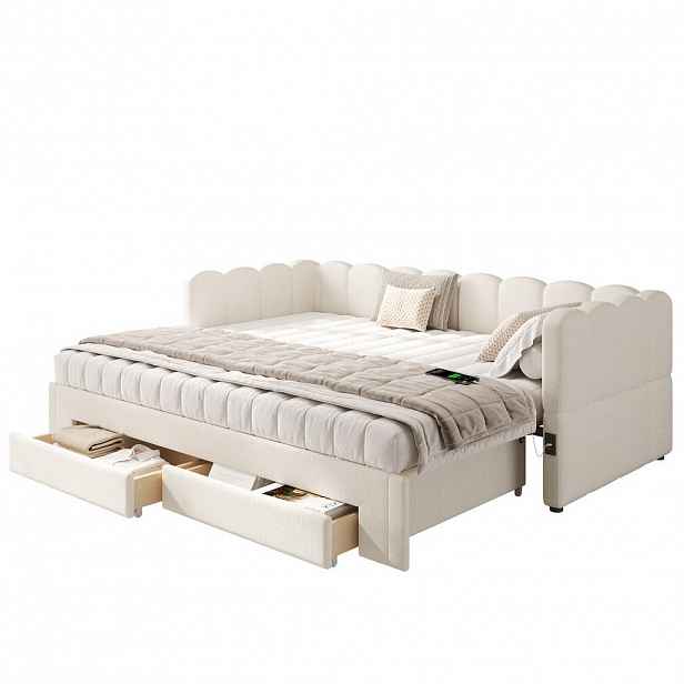 CHICFURN ČALOUNĚNÁ POSTEL 90/200 cm & 180/200 cm v béžové barvě se zásuvkami, USB a Type-C