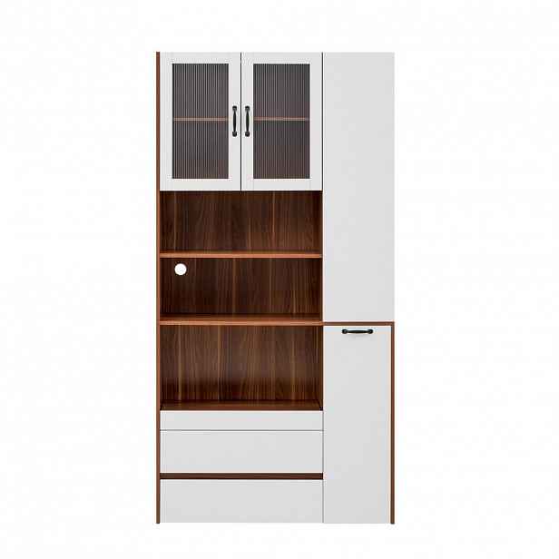 Modfu VYSOKÁ komoda z MDF 100x40x200 cm bílá/ořechová s rýhovaným sklem, zásuvkami a výsuvnou policí