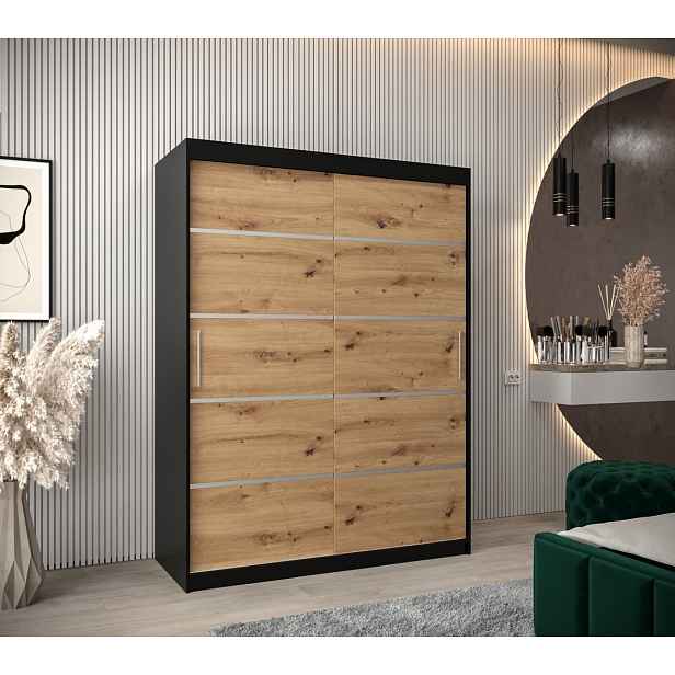 Šatní skříň ENNI - šířka 150 cm, černá / dub artisan