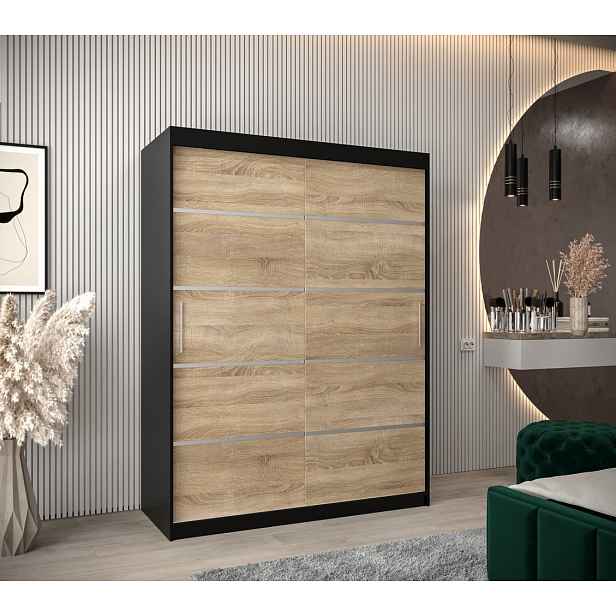 Šatní skříň ENNI - šířka 150 cm, černá / dub sonoma