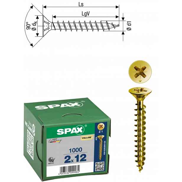 Univerzální šroub na dřevo (zlatý) Spax 2 x 12 mm Yello-x 1000 ks