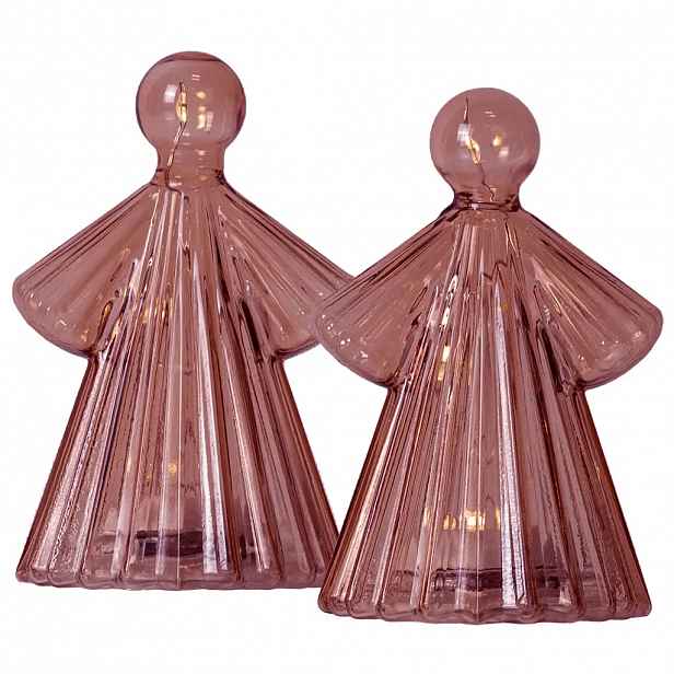 LED svítící anděl, skleněný, vínový, 10 cm, sada 2 kusy
