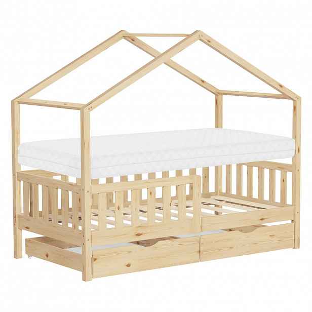 ML-DESIGN DĚTSKÁ POSTEL ve tvaru domečku s matrací 80x160 cm a 2 zásuvkami z přírodního borového dřeva