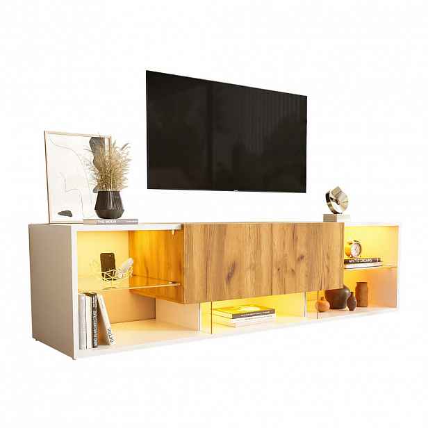 Modfu TV stolek z laminované dřevotřísky 160x40x42 cm bílá a přírodní dub s LED osvětlením, skleněnou policí a 2 zásuvkami